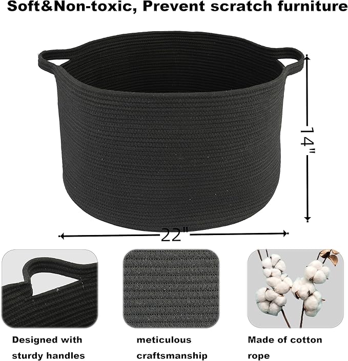 Large Cotton Rope Basket Blankets Basket Living Room 22"x14" Toy Baskets for Kids and Dogs Rope Storage Baskets for Nursery Woven Laundry Baskets for Clothes Towels round black