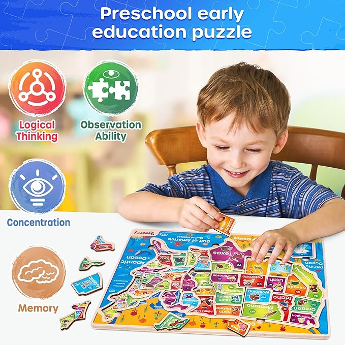SYNARRY Large USA World Wooden Puzzles for Kids Ages 4-6, Learning United States World Maps Puzles for Kids Ages 6-8, Wood Jigsaw Puzzles Educational Games Toys Gifts for Boys Girls Ages 3-8