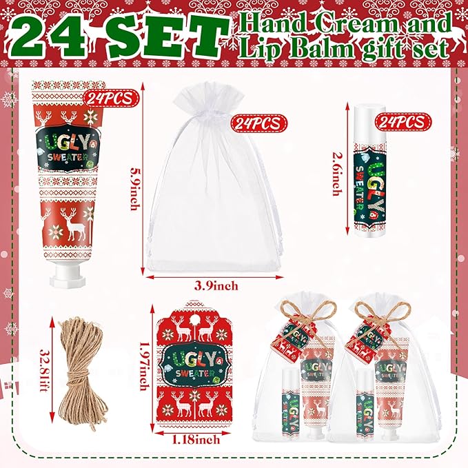 24 Sets Christmas Ugly Sweater Baby Shower Hand Cream and Lip Balm Gift Christmas Party Favors Travel Size Hand Lotion and Lip Balm Bulk Winter Wedding Bridal Shower Party Supplies for Guest