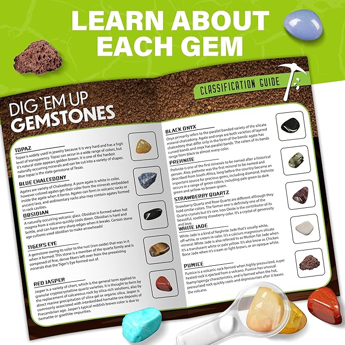 LotFancy Gemstone Dig Kit, Excavate 20 Real Gems, Science Kit for Kids Age 8-12, Educational Toy, Birthday Gift for Boys Girls with Mining Tools