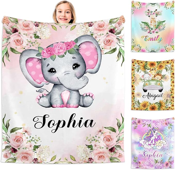 InterestPrint Personalized Baby Blanket with Customized Name - Cute Animals Design for Birthday Gift - Unique Custom Blanket for Baby Girl, Daughter, or Niece