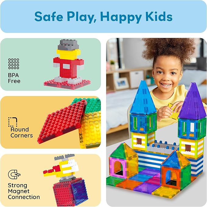 PicassoTiles Magnetic Brick Tiles STEM Creative Magnetic Tiles Building Block Set Building Brick Construction Toy Socket Spikes Toys Accessory Educational Imaginative Learning Kit Stacking Set