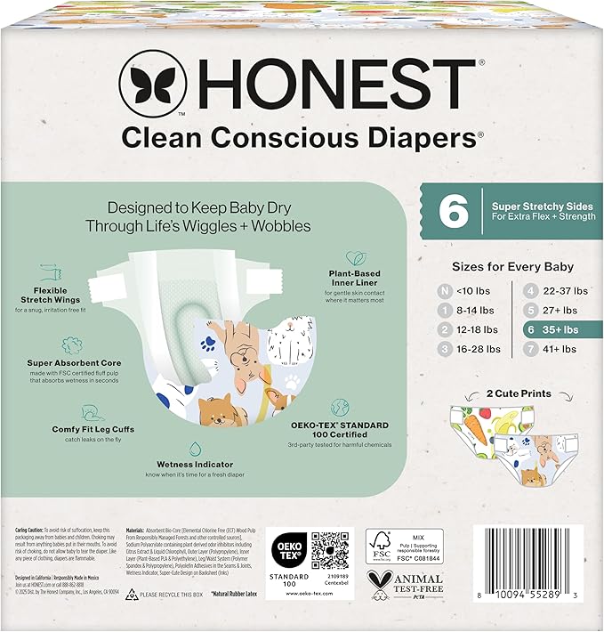 The Honest Company Clean Conscious Diapers for Delicate Skin | Up to 100% Leakproof | Hypoallergenic, Fragrance Free | Gender Neutral | Club Box, Size 6 (35+ lbs), 40 Count (Prints May Vary)