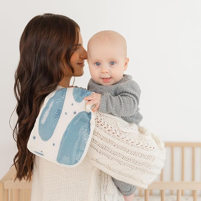 Crane Baby Muslin Burp Cloths, Nautical Theme Whale Design, Baby Boy Essentials, Cotton, Set of 3, 7" x 20" Blue Burp Cloth Set