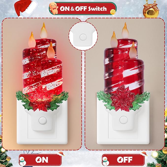Christmas Candle Night Light Plug into Wall Glitter Water Nightlight with USB/Outlet Options, Christmas Decorative Nightlight for Bedroom Kitchen Nursery Hallway Holiday Decorations Gifts (Red Candle)