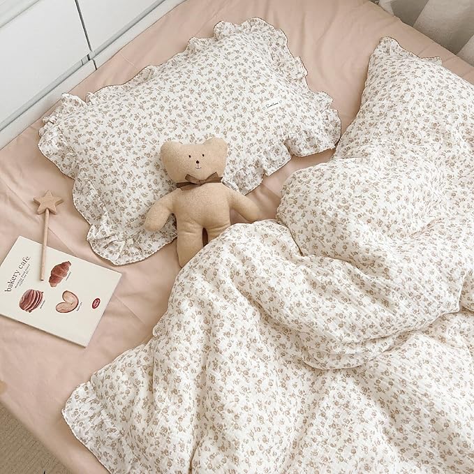 BuLuTu Cotton Muslin Kids Toddler Pillowcase with Cute Camellia Flowers Super Soft Travel Pillow Nursery Pillowcase for Boys,Girls,Bedding Decor Machine Washable, Durable Pillowcase,1 Piece,14"x20"