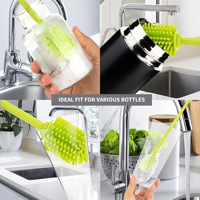 A-Brush Silicone Bottle Cleaner Brush, Flexible, Long Handle - Water Bottle Cleaner, Baby Bottle Nipple Brush for Plastic & Glass, BPA-Free Dish Washing Brush A2S Protection