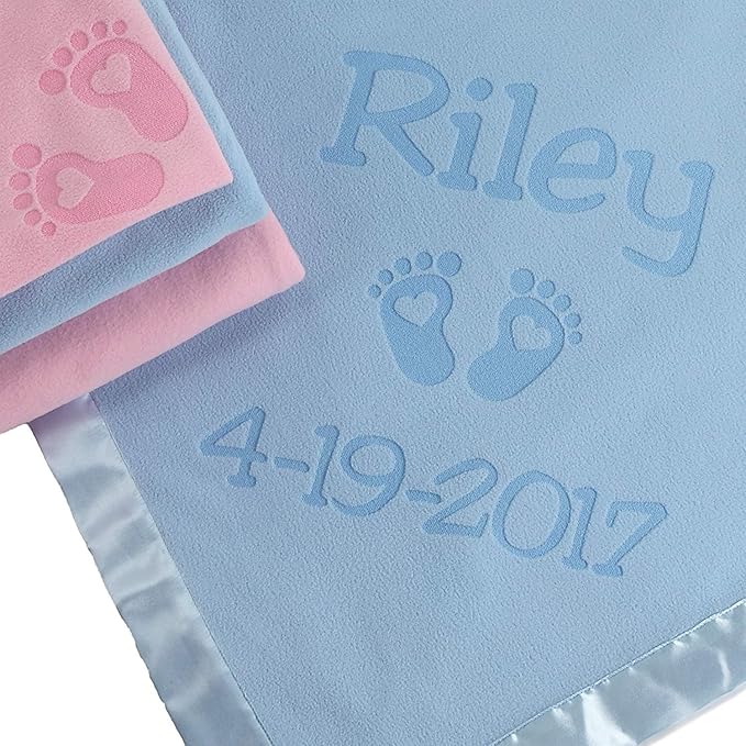 Custom Catch Personalized Newborn Gift Baby Blanket for Girl - Name with Infant Heart Feet Design - Pink or Blue (Multi-line Text)