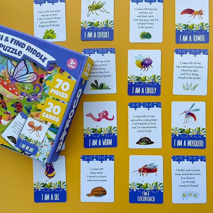 QUOKKA Search and Find Puzzles for Kids Ages 4-6 - Riddle Kids Puzzles 6-8 Years Old - 70 Unique Pcs - 20 Illustrated Guessing Cards - Engaging Children Themes - Bugs Puzzle Gift for Toddlers 3-5
