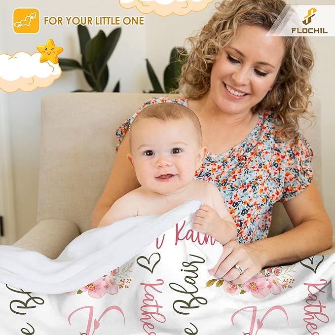 FLOCHIL Personalized Baby Blankets, Custom Baby Blanket - Baby Blanket with Name for Girls, Best Gift for Newborn Floral Plush Fleece (30x40) (Monogram)