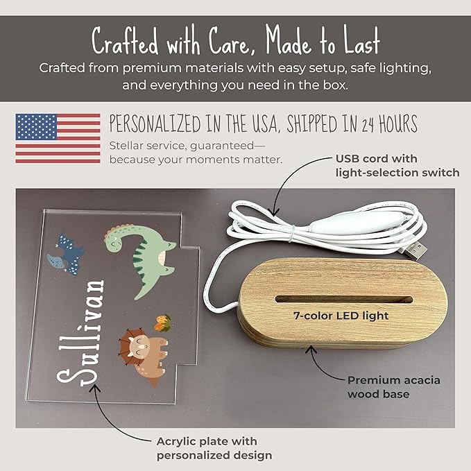 Personalized Dinosaur Baby Night Light for Kids | Custom Name Dino Nursery Decor | Cute 7-Color Plug-in LED Rectangular Nightlight | Custom Baby Shower Gifts for Newborns, Toddlers, Girls, Boys 2-10