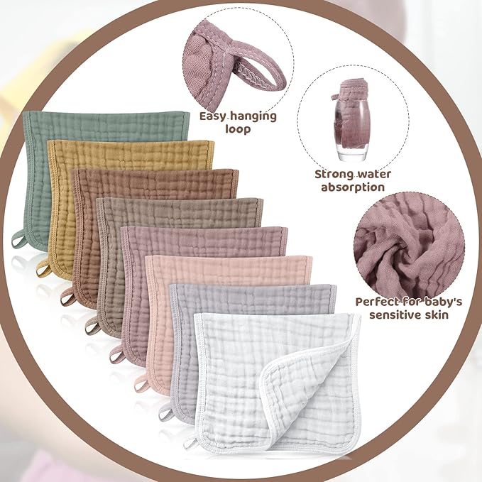 8 Packs Muslin Burp Cloths 6 Layers Unisex Baby Items Absorbent Burp Rags Colorful Muslin Washcloths for Baby Plain Soft Cotton Cloth for Babies Girls Boys, 10 x 20 Inch