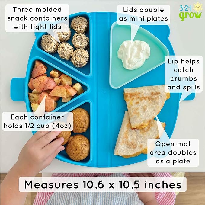 Silicone On-The-Go Snack Mat – Foldable Reusable Placemat with 3 Compartments and Lids – Travel-Friendly Baby and Toddler Snack Plate – Dishwasher Safe (Ocean)