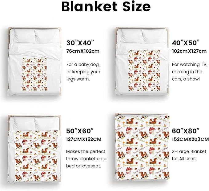 Ship Next Day Personalized Baby Blanket, Printed in USA - Custom Name Toddler Blanket with Squirrel Pattern, Personalized