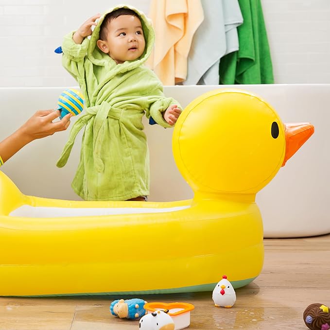 Munchkin Duck Inflatable Baby Bathtub for Babies 6-24 Months, White Hot Heat Alert, Great for Home or Travel, Classic Yellow Ducky