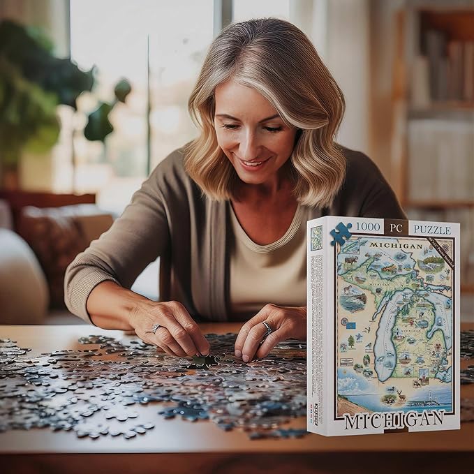 Michigan Map Cardboard Jigsaw Puzzle - 1000 Pieces, Hand-Illustrated - Educational, Family Activity, Ages 7+, Includes Poster - 25.4 x 19.8