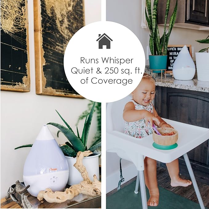 Crane Teardrop Ultrasonic Cool Mist Humidifier for Baby Nursery, 0.5 Gallon, Adjustable Settings, Essential Oil Diffuser White