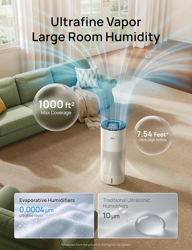 DREO Smart Evaporative Humidifier Large Room up to 1000ft², 800ml/h High Output Air Humidifiers for Bedroom, 10L, 50H Long Runtime with Precise Humidification for Plants, Home, Office, White, HHM774S