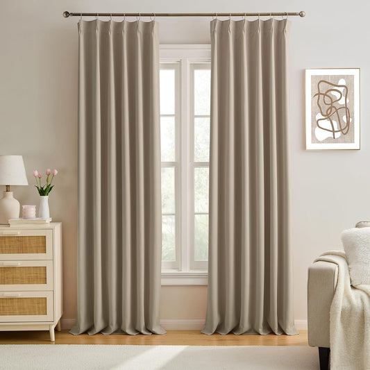 KEQIAOSUOCAI Pinch Pleated Window Curtain Panels 156 Inches Long Light Blocking Solid Ceiling Floor Pleated Curtains Hooks Track Privacy Memory Shape Drape for Living Room,Khaki,40x156, Set of 2