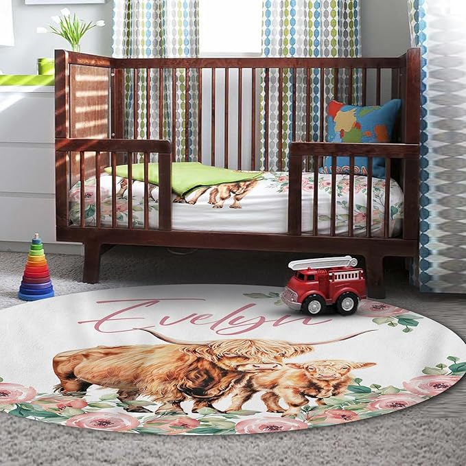 Personalized Nursery Crib Bedding Set: Custom Name Floral 5 Piece Baby Crib Sets with Highland Cow Design - Toddler Double Layer Blanket Set, Comfortable Crib Bed Sheets for Baby Grils