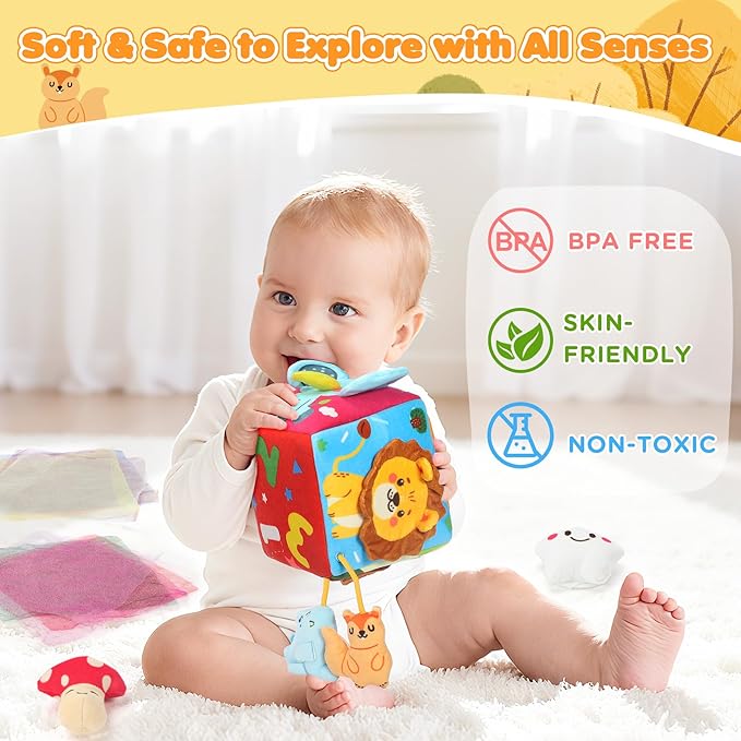 Baby Tissue Box Toy - Baby Toys 6-12 Months Montessori Toys for 6 Month Old with Squeaking Toy Cat, Rattle, Silk Scarves, Safety Mirror, for 1 Year Old - Boy Girl Gifts for Babies 6 9 12 18 Months Old