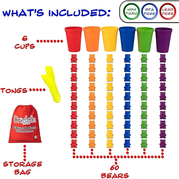 Colorful Counting Bears with Matching Cups - 60 Bears - Sort, Count & Color Recognition Learning Toy for Toddler & Kids - Montessori Education - Preschool Game
