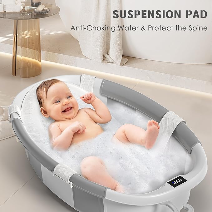 Collapsible Baby Bathtub for Newborn to Toddler 0-36 Months,Spacious Foldable Infant Bath Tub with Thermometer,Cushion & Drain Hole,Portable Travel Tub, Baby Shower Gift Grey