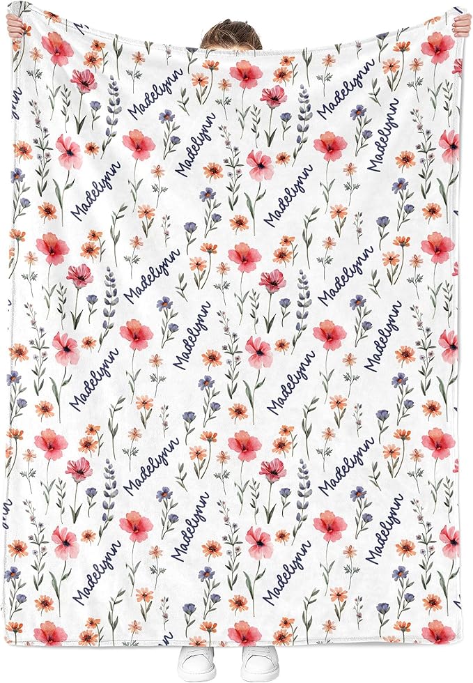 Custom Baby Blankets for Boys, Customized Baby Boy Gifts with Name, Personalized Baby Blankets, Soft Plush Fleece (Wildflower HPTM36)