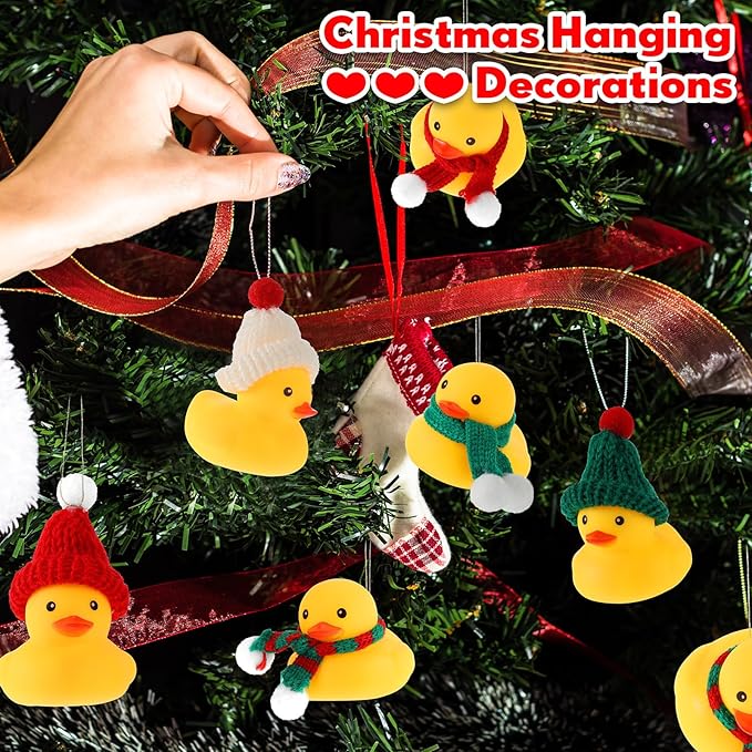 Jerify 120 Pieces Christmas Rubber Ducks with Classic Knitting Hats and Stripe Scarves Mini Cute Yellow Duck for Xmas Swimming Pool Birthday Party Bath Baby Shower