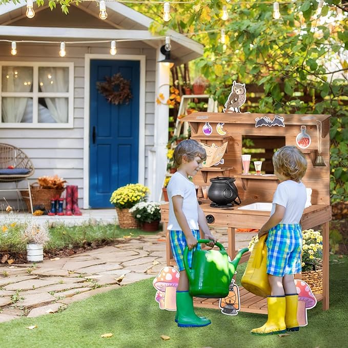 Mud Kitchen Playset for Kids, Wooden Magic Kitchen Set w/Wand, Recipe, Removable Sink, Faucet, Stove, Toddler Outdoor Pretend Play Kitchen, Witch Role Play, Fairy Potion, Gift for Boys Girls