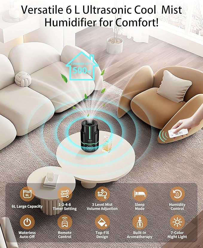 6L Humidifiers for Bedroom, 60H Runtime 26 dB Quiet Supersized Cool Mist Air Humidifiers for Large Room, Baby Nursery, Plant, Indoor, Night Light, Easy to Clean, Precise Humidity Control