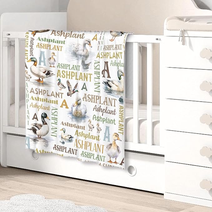 Personalized Duck Blanket for Girls Boys Custom Baby Blanket with Name Swaddle Blanket for Toddlers Infants Kids Shower Newborns Nursery Stroller Crib Decor Throw Birthday Gift
