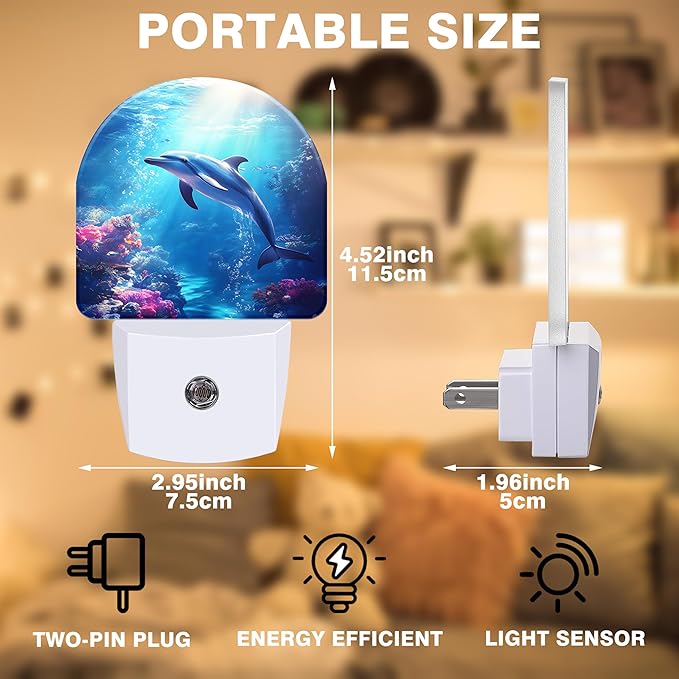 Night Light, Underwater World and Dolphin Night Lights Plug into Wall Dusk to Dawn Sensor Round Nightlight for Women Men Energy Efficient Led Lamp 0.5W for Stairway Hallway Bedroom
