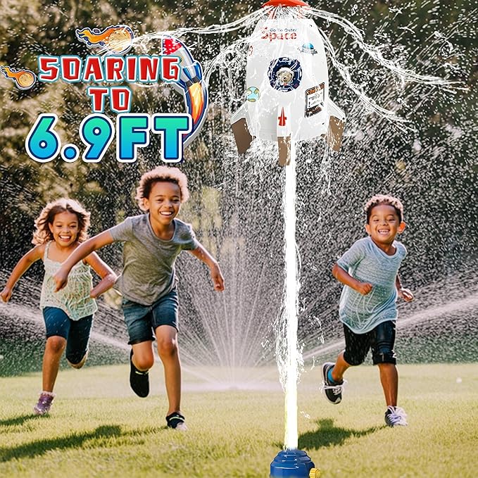 Water Rocket Sprinkler for Kids, Outdoor Sprinkler Rocket Launcher Toy for Backyard, Summer Water Toys for Kids Ages 3-12, Fun Water Powered Rocket Toy (White-5)