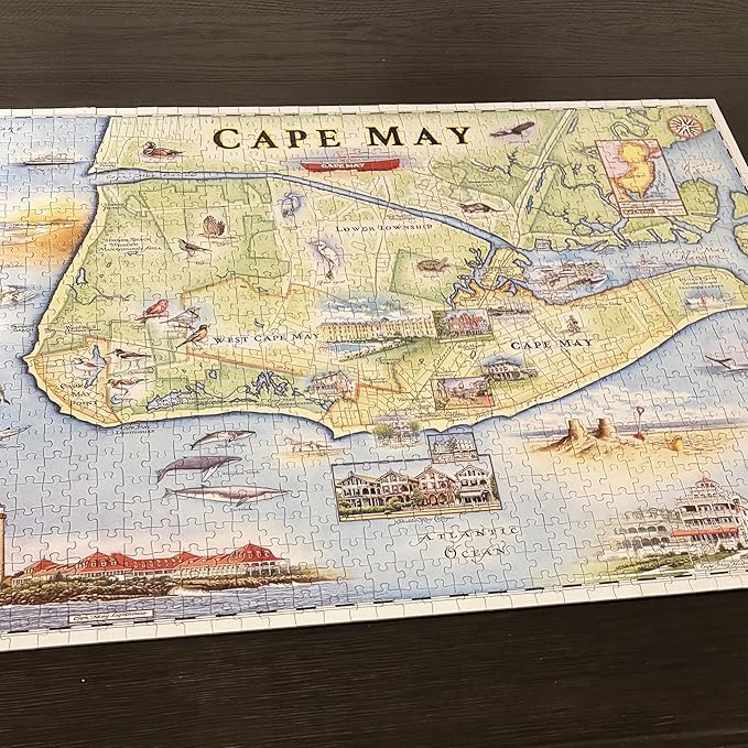 New Jersey's Cape May Map Jigsaw Puzzle - 1000 Pieces, Hand-Illustrated - Educational & Fun Family Activity, Ages 7+, Includes Poster