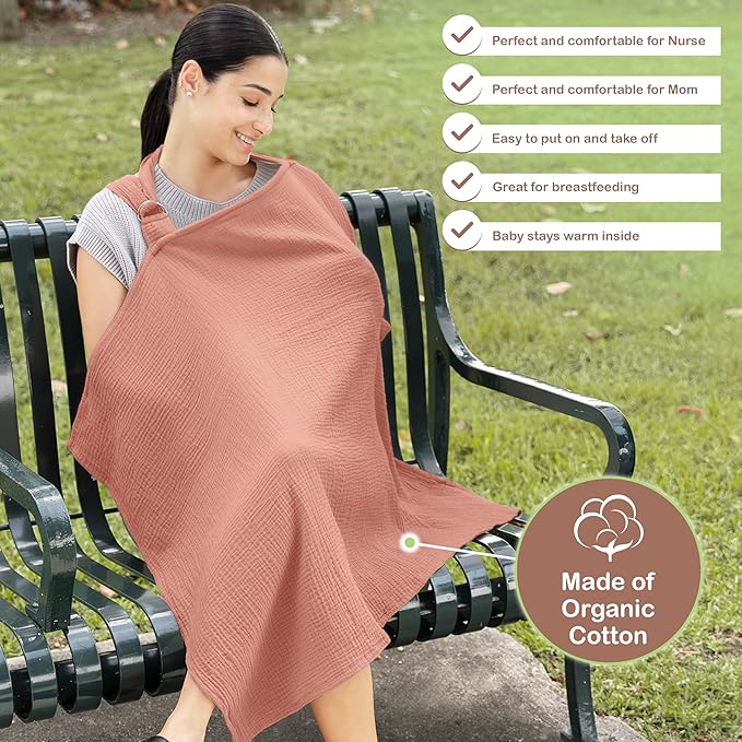 Premium Organic Breathable Muslin Nursing Cover for Breastfeeding - Privacy Breast Feeding Covers for Women - Multi-Use Nursing Cover Up - Soft & Lightweight Breastfeeding Covers (Rust)