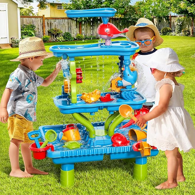 4-Tier Sand and Water Table for Kids, Outdoor Splash and Play Activity Set for Boys and Girls Ages 3 4 5 6 7 8 Years, Summer Beach & Poolside Sensory Toys for Fun Water Play