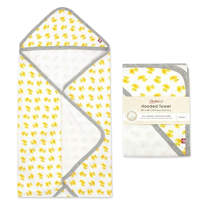 Zutano Hooded Baby Towels, Organic Cotton Baby Bath Towel, Ultra Soft and Absorbent Baby Towel for Newborn and Infant | Girl, Boy, and Unisex Towel Set, Rubber Duckies, 1-Pack