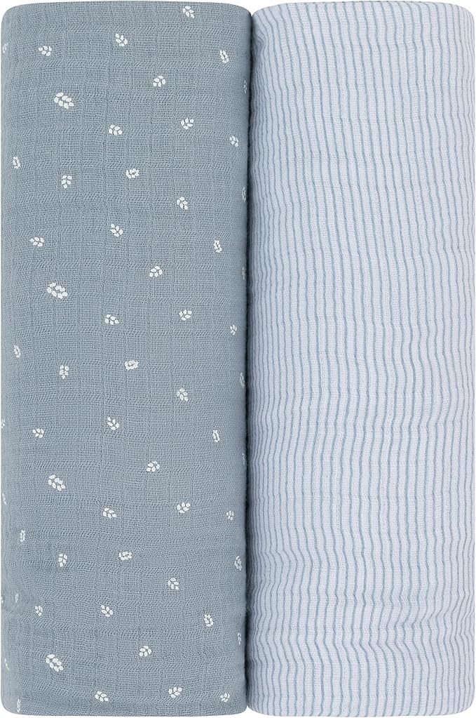 Ely's & Co. Muslin Swaddle Blanket 2-Pack — 100% Cotton Muslin Extra-Large Swaddle Blankets (47” x 47”) Solid Blue + Printed Blue Leaf