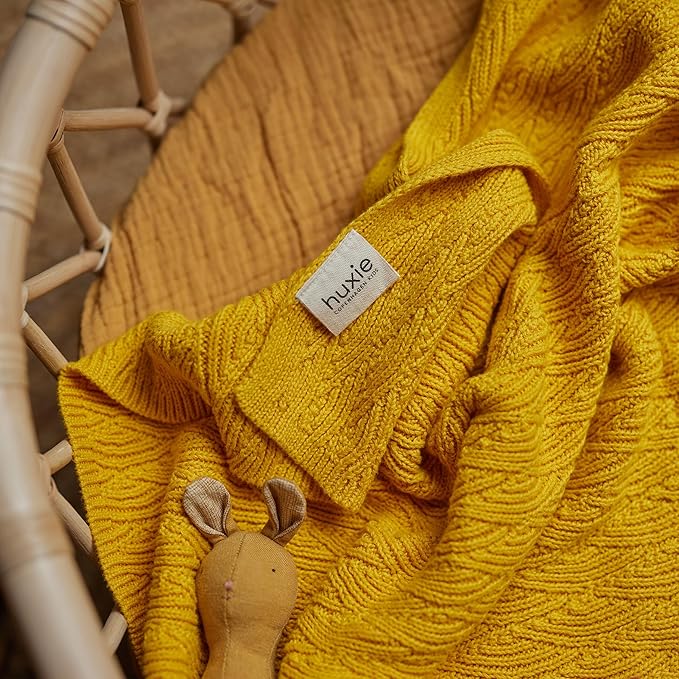 Knitted Organic Cotton Baby Blanket- Swaddle Blanket, 30" x 40" Soft Receiving Blanket for Newborn (Waves-Yellow)