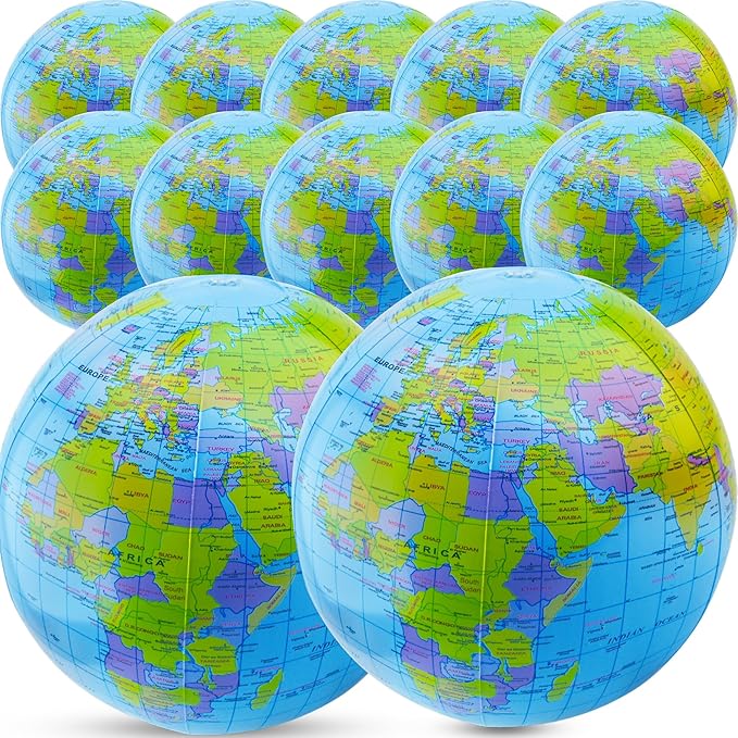 12 Pack 16 inches Inflatable Globe Blow up World Globe PVC Earth Beach Ball Globe for Kids Party Bags Swimming Pool Game Geography Classroom Playing or Teaching Party Favors Decorations