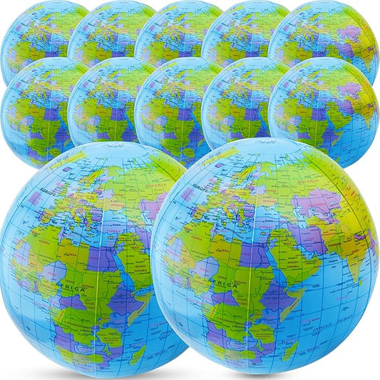 12 Pack 16 inches Inflatable Globe Blow up World Globe PVC Earth Beach Ball Globe for Kids Party Bags Swimming Pool Game Geography Classroom Playing or Teaching Party Favors Decorations