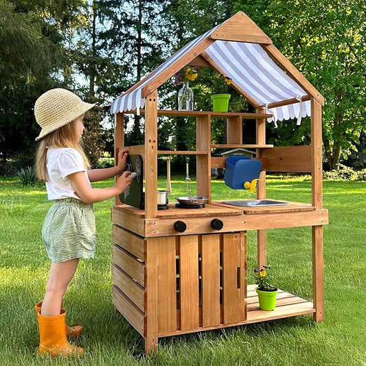 OOOK Mud Kitchen for Kids Outdoor, Kids Kitchen Playset with Canopy, Gardening Tools, Chalkboard, Flower Pot, Cookingware, Removable Water Tank, Ideal Gift for Boys and Girls 3+, Solid Fir Wood.