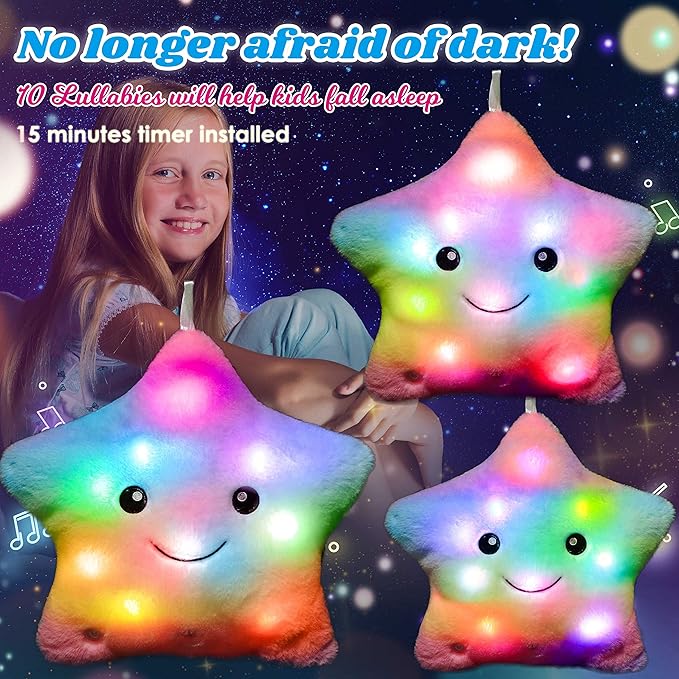 Cuteoy 13" Musical Rainbow Star Plush Pillow Glowing Twinkle Night Light Stuffed Animal LED Toys Adjustable Volume Birthday for Girls Boys