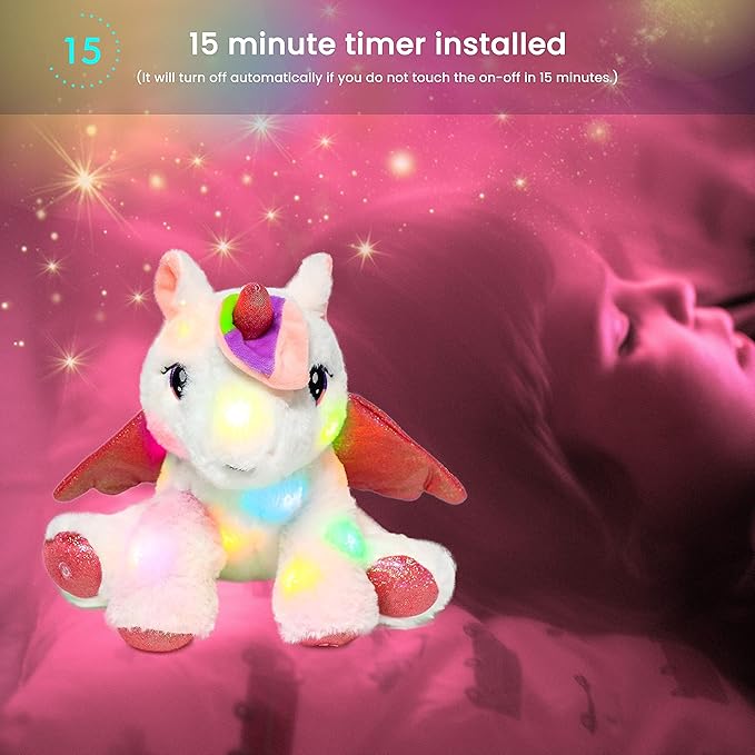 Hopearl Adorable LED Plush Unicorn Lighting Up Cute Stuffed Animal Floppy Night Lights Glow in The Dark Birthday Festival for Kids Toddler Girls, White, 11''