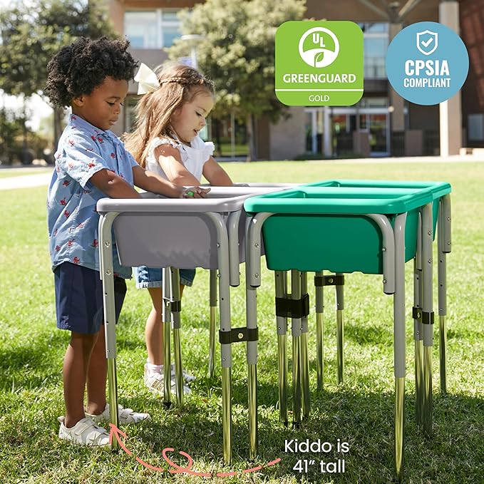 ECR4Kids 4-Station Sand and Water Adjustable Play Table, Sensory Bins, Grey/Emerald