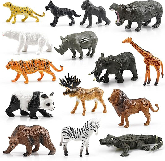 15 Wild Animal Figurines for Kids, Plastic Safari Animal Toys Tiny Portable Jungle Creature Figures Playset Montessori Toys Educational Game for Homeschool Preschool Toddler Kids