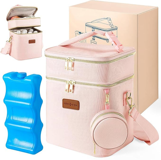 Breastmilk Cooler Bag with Ice Pack & Pacifier Case, Large Double Layer Insulated Baby Bottle Cooler Fits 6 Bottles, Breast Pump Storage Bag for Working Nursing Moms, with Gift Box