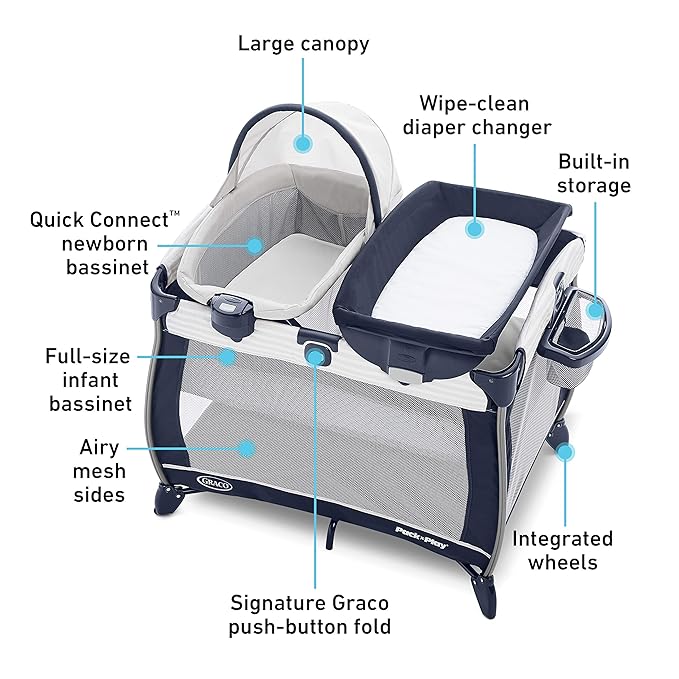 Graco Pack ’n Play Quick Connect Playard, Portable Bassinet with Carry Handle, Full‑Size Infant Bassinet, Diaper Changer, Alex