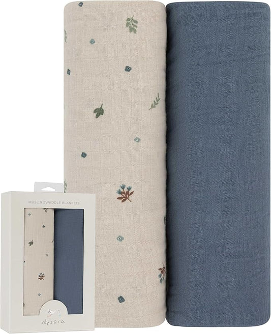 Ely's & Co. Muslin Swaddle Blanket 2-Pack — 100% Cotton Muslin Extra-Large Swaddle Blankets (47” x 47”) Solid + Printed (Blue Garden Flower)
